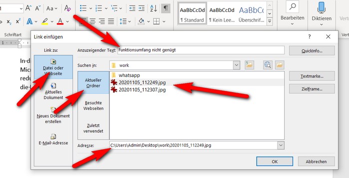 Einen Hyperlink erstellen, der zu einer Datei auf Ihrem PC verweist, ist einfach. Im Dialog "Link einfügen" wählen Sie wie im Windows Explorer eine Datei aus. Die "Adresse" wird beim einmaligen kurzen Anklicken des Dateinamens in das Eingabefeld im Dialog übertragen. Ändern Sie bei Bedarf auch den Anzeigetext.