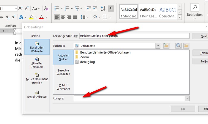 Dialog "Link Einfügen" in der Desktop Version von Microsoft Office. Der obere rote Pfeil zeigt auf das Eingabefeld für den Anzeigetext. Der untere rote Pfeil zeigt auf das Eingabefeld für die Adresse des Links. So fügen Sie einen Hyperlink in ein Office Dokument ein.